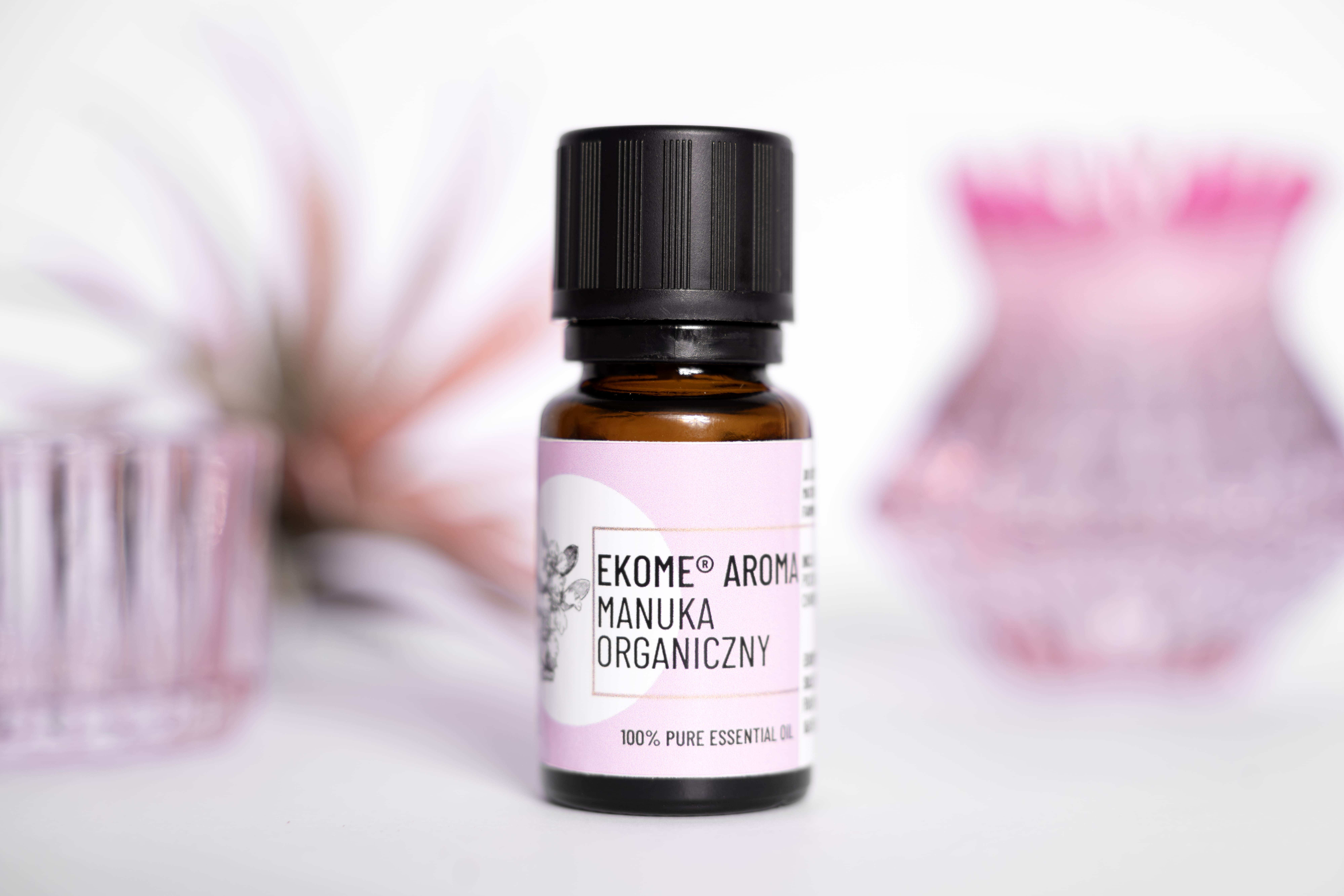 Ekome olejek eteryczny Manuka organiczny 10 ml – naturalny olejek na skórę, infekcje i do aromaterapii, brązowa buteleczka z różową etykietą