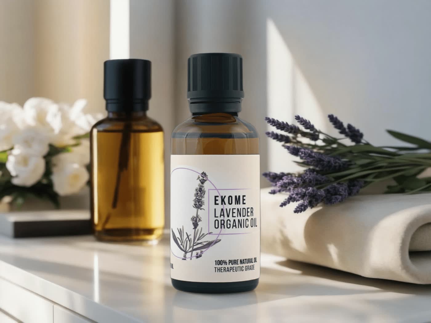 Na pierwszym planie widoczna jest butelka z olejkiem eterycznym "EKOME LAVENDER ORGANIC OIL", stojąca na białym blacie. W tle lekko rozmyta druga butelka i świeże kwiaty lawendy obok białego ręcznika. Naturalne światło pada na kompozycję, tworząc spokojną i relaksującą atmosferę.