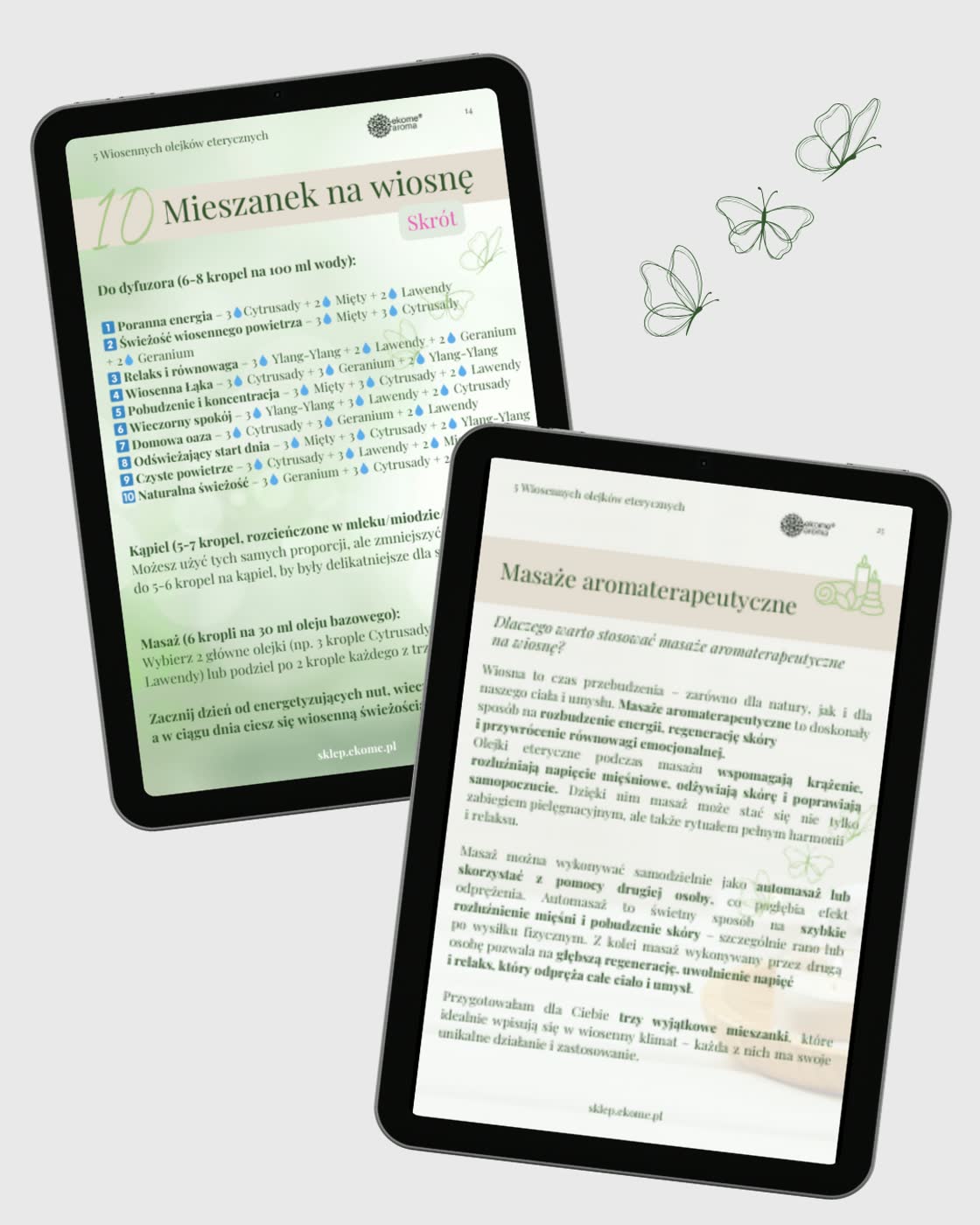 Zdjęcie przedstawia dwa tablety. Na ekranie ekranie górnego widać 10 przepisów na wykorzystanie wiosennych olejków eterycznych, na dolnym ekranie widnieje masaż aromaterapeutyczy