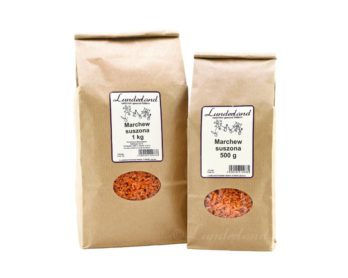 Lunderland suszona marchew 500 g i 1 kg - opakowania