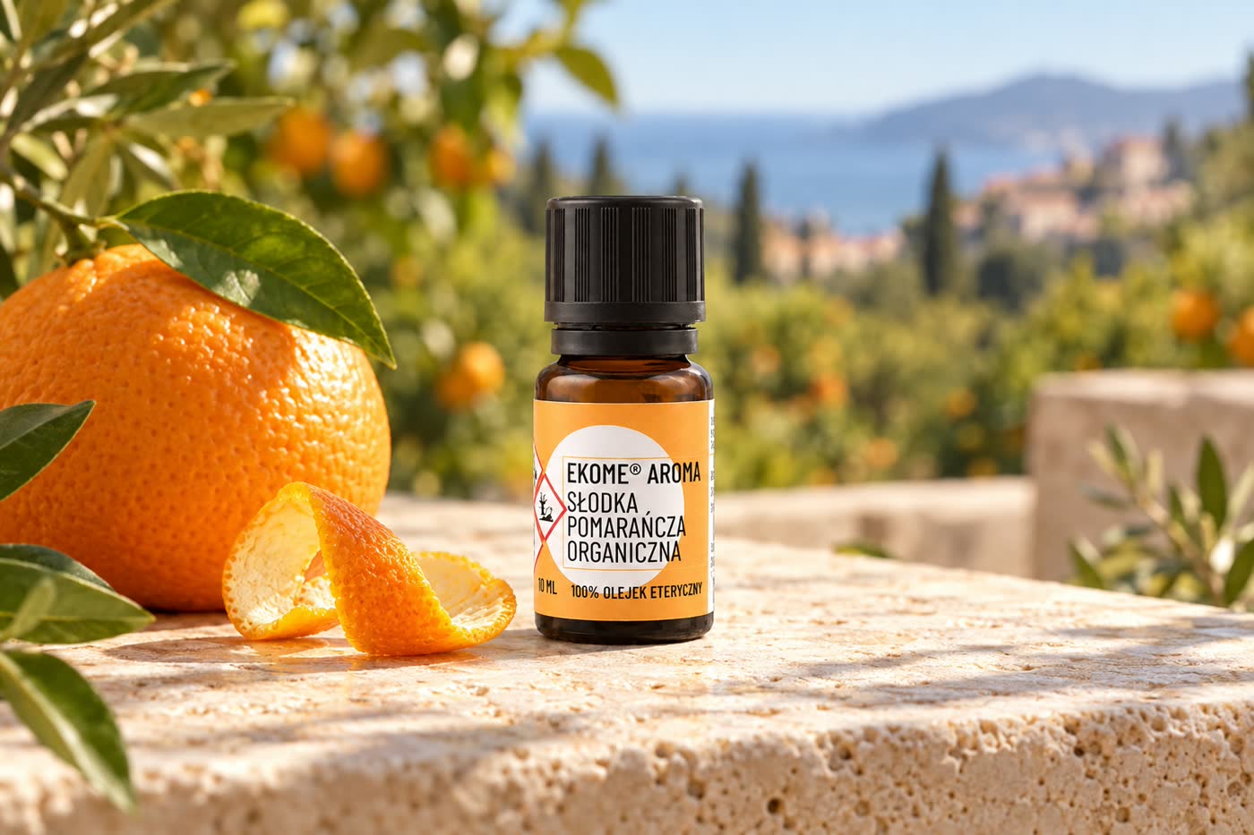 Butelka organicznego olejku Ekome® Słodka Pomarańcza na kamiennym postumencie z pomarańczą