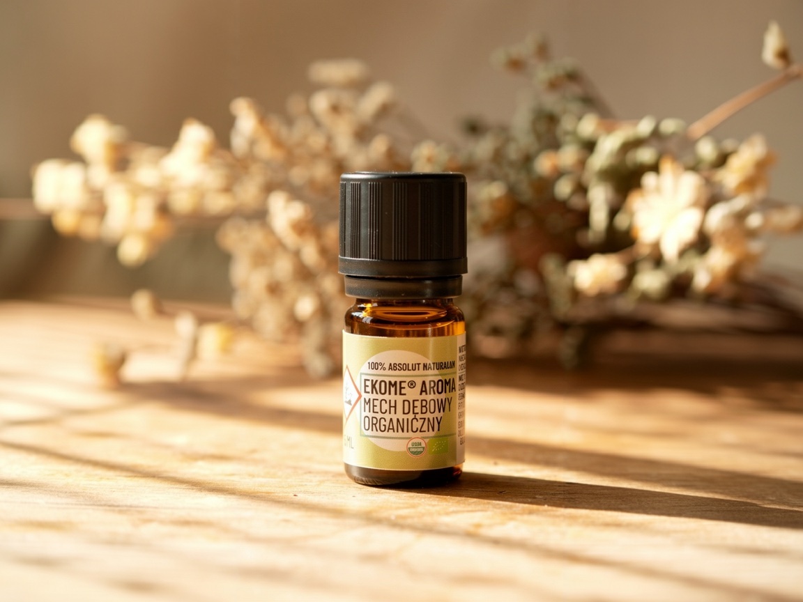 Mech dębowy organiczny absolut Ekome® 5 ml - aranżowane zdjęcie produktu na jasnych bloczkach z mchem