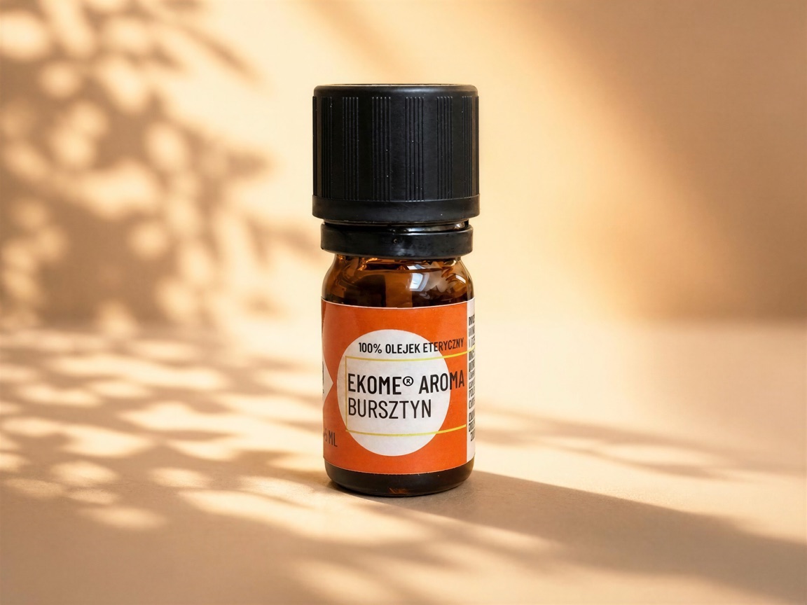 Bursztyn olejek eteryczny Ekome® 5 ml - zbliżenie etykiety Zbliżenie na butelkę olejku bursztynowego Ekome® 5 ml z pomarańczową etykietą