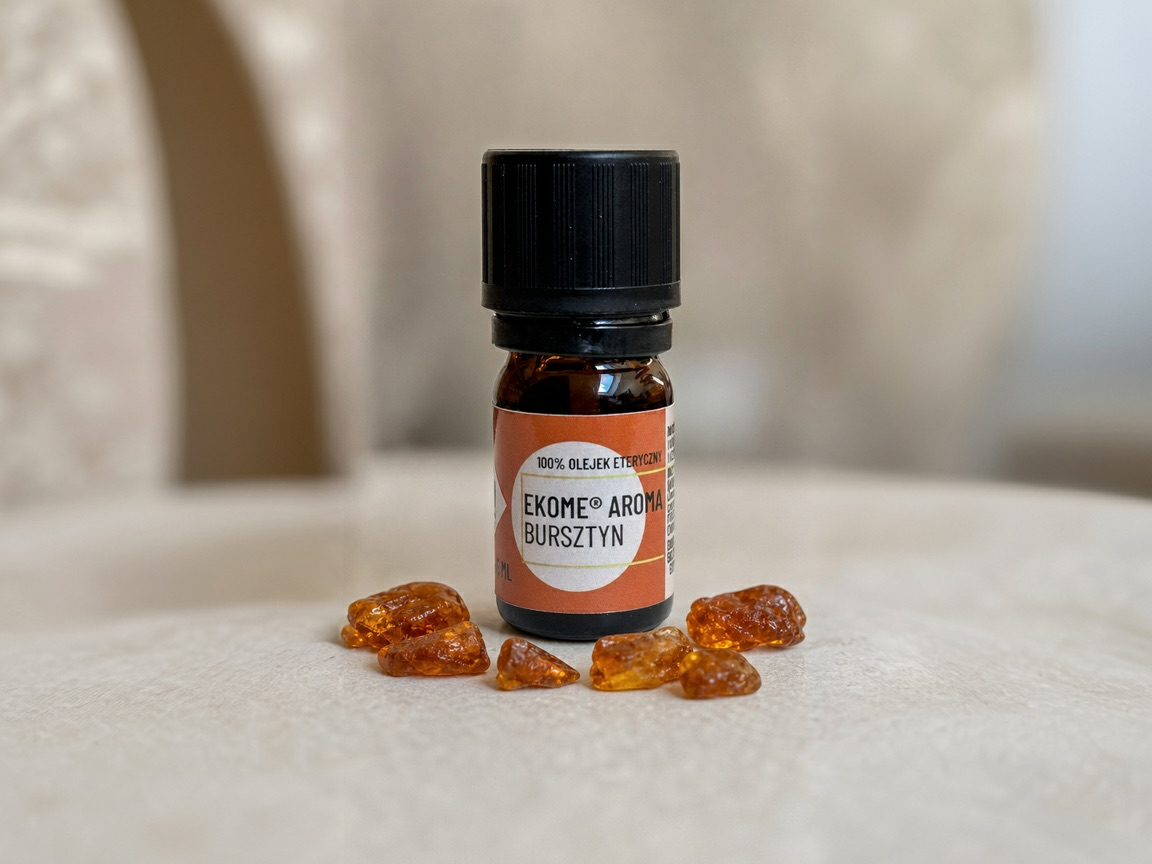 Bursztyn olejek eteryczny Ekome® 5 ml - żywica bursztynowa Olejek bursztynowy Ekome® 5 ml pokazany z bryłkami żywicy bursztynowej