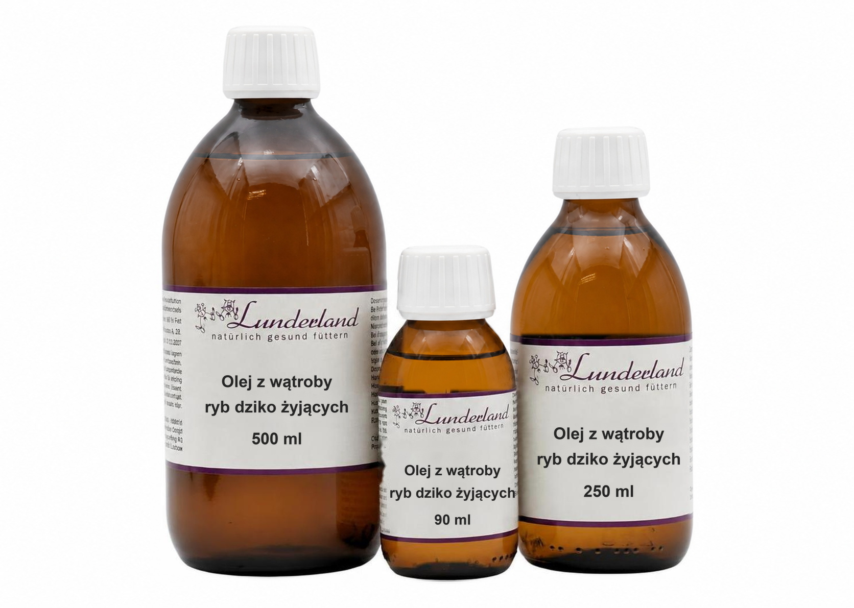 Lunderland olej z wątroby ryb dziko żyjących - tran, zdjęcie zbiorcze 90 ml, 250 ml i 500 ml Lunderland olej z wątroby ryb dziko żyjących - tran, zdjęcie zbiorcze 90 ml, 250 ml i 500 ml