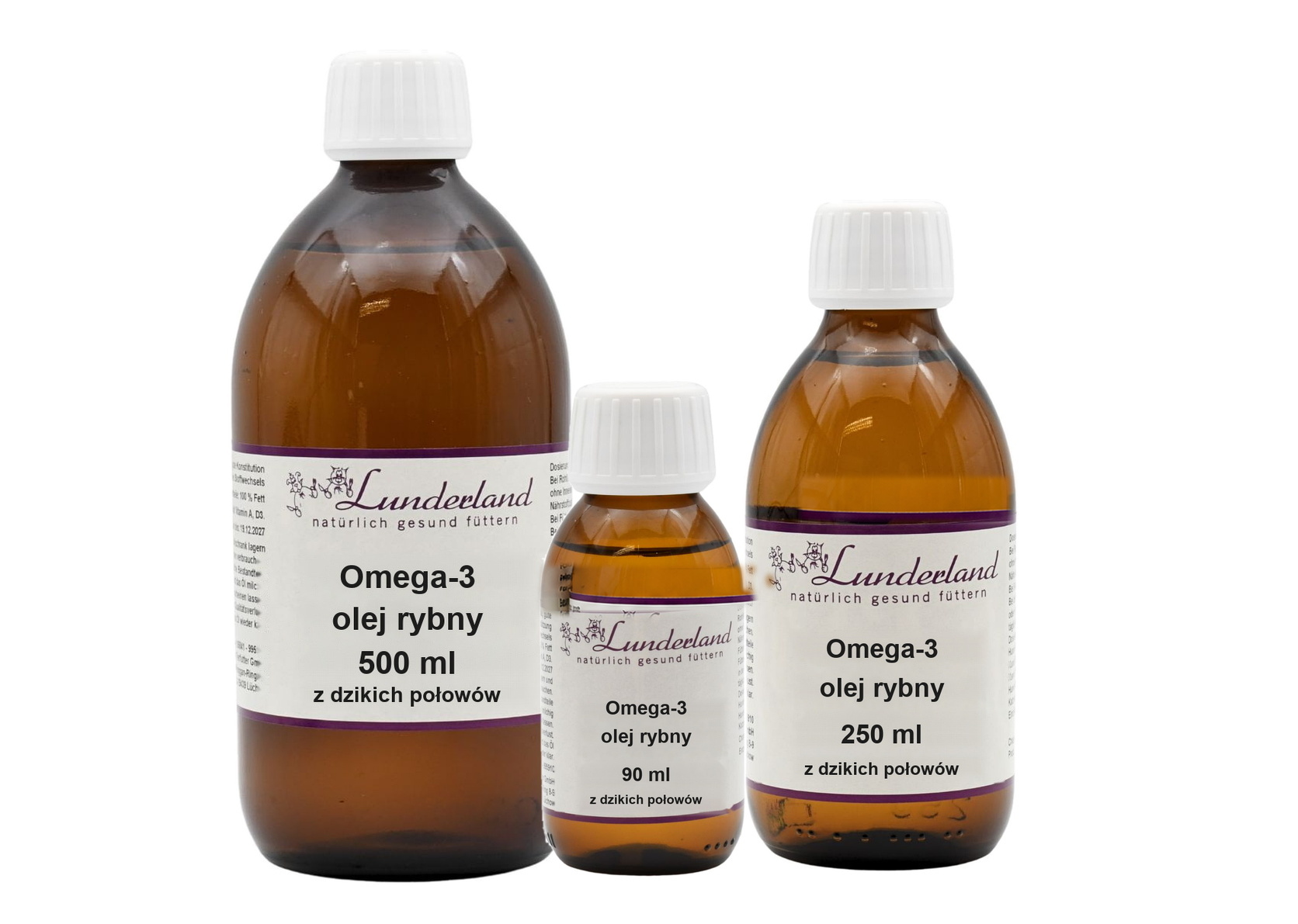 Lunderland Omega-3 olej rybny - zdjęcie zbiorcze 90 ml, 250 ml i 500 ml